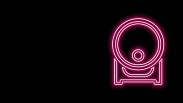 Glowing neon line Wooden barrel on rack with stopcock icon isolated on black background. 4K Video motion graphic animation — Stock Video