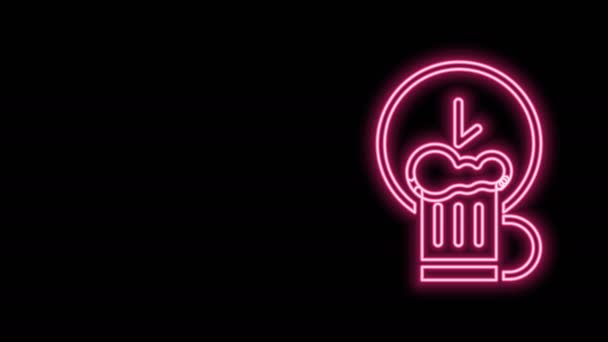 Świecący neon linii Happy hour z drewnianą ikoną kubek piwa izolowane na czarnym tle. 4K Animacja graficzna ruchu wideo — Wideo stockowe