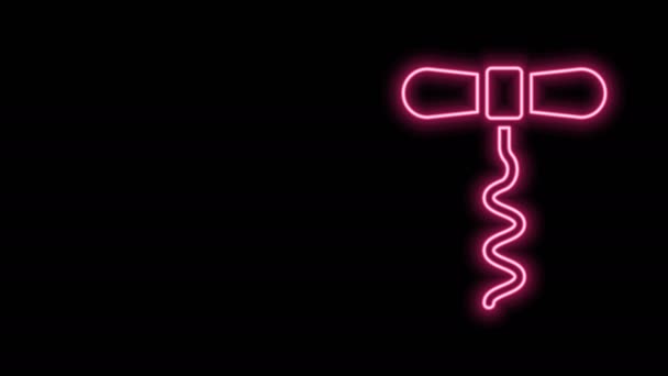 Linha de néon brilhante ícone saca-rolhas de vinho isolado no fundo preto. Animação gráfica em movimento de vídeo 4K — Vídeo de Stock