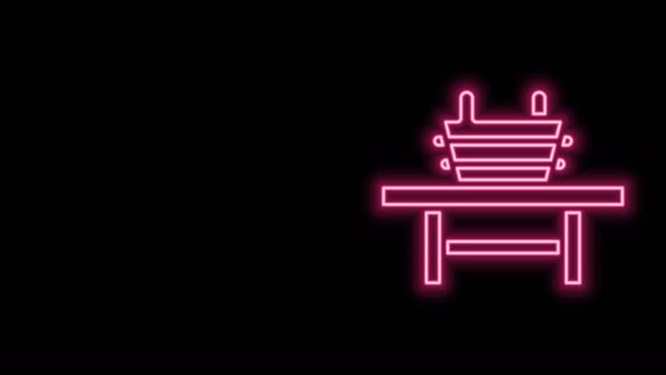 Glödande neon line Bastu bänk med hink ikon isolerad på svart bakgrund. 4K Video motion grafisk animation — Stockvideo