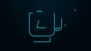 Siyah arka planda izole edilmiş çay poşeti ikonu olan parlak neon çizgili bir fincan çay. 4K Video hareketli grafik canlandırması