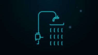 Parlayan neon hattı. Siyah zemin üzerinde su damlaları akan ikon olan duş başlığı izole edilmiş. 4K Video hareketli grafik canlandırması