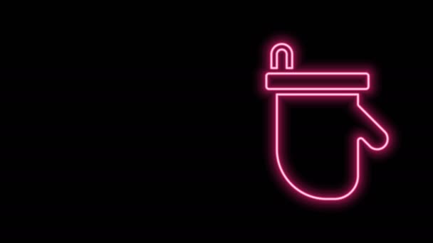 Gloeiende neon lijn Sauna wanten pictogram geïsoleerd op zwarte achtergrond. Mitten voor spa. 4K Video motion grafische animatie — Stockvideo