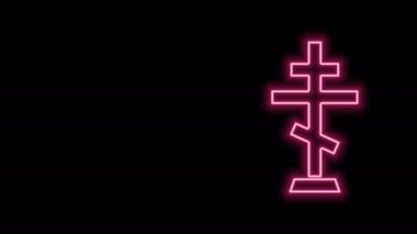Parlayan neon hattı Hıristiyan çapraz simgesi siyah arka planda izole edildi. Kilise haçı. 4K Video hareketli grafik canlandırması