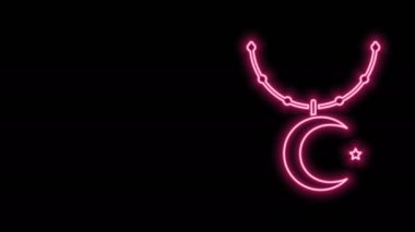 Parlayan neon çizgisi Yıldız ve zincirdeki hilal - siyah arkaplanda izole edilmiş İslam ikonunun sembolü. Din sembolü. 4K Video hareketli grafik canlandırması