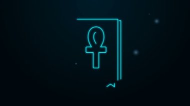 Parlayan neon hattı Cross Ankh kitap simgesi siyah arkaplanda izole edildi. 4K Video hareketli grafik canlandırması