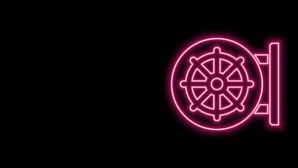 Светящаяся неоновая линия значок колеса Дхармы изолирован на черном фоне. Знак буддизма. Символ Дхармачакры. Видеографическая анимация 4K — стоковое видео