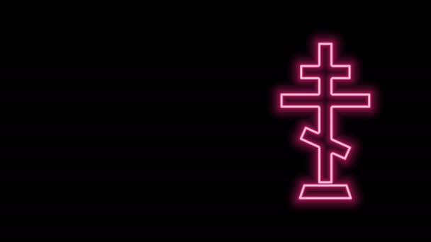 Gloeiende neon lijn Christelijke kruis pictogram geïsoleerd op zwarte achtergrond. Kerkkruis. 4K Video motion grafische animatie — Stockvideo