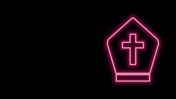 Gloeiende neon lijn Paus hoed pictogram geïsoleerd op zwarte achtergrond. Christelijke hoed teken. 4K Video motion grafische animatie — Stockvideo