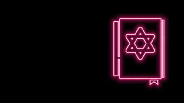 Светящаяся неоновая линия икона еврейской Торы выделена на черном фоне. Пятикнижие Моисея. На обложке Библии изображена Звезда Давида. Видеографическая анимация 4K — стоковое видео
