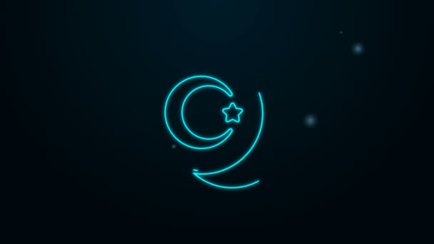 Ragyogó neon vonal Csillag és félhold - szimbólum az iszlám ikon elszigetelt fekete alapon. Vallás szimbólum. 4K Videó mozgás grafikus animáció — Stock videók