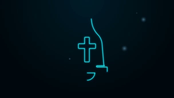 Светящаяся неоновая линия икона церковного колокола выделена на черном фоне. Сигнал тревоги, служебный звонок, знак звонка, символ уведомления. Видеографическая анимация 4K — стоковое видео