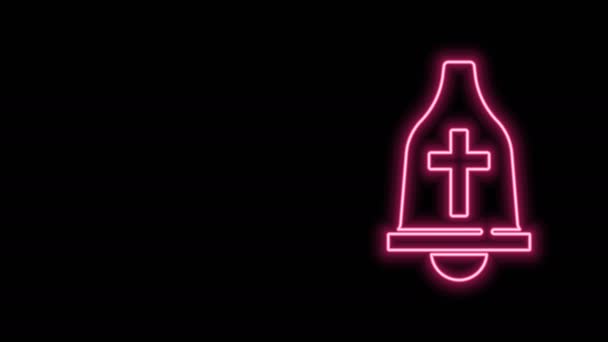 Gloeiende neon lijn Kerkklok pictogram geïsoleerd op zwarte achtergrond. Alarmsymbool, bedrijfsbel, handbelteken, meldsymbool. 4K Video motion grafische animatie — Stockvideo