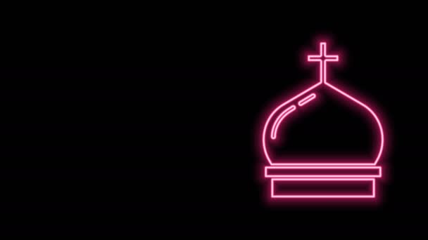 发光的霓虹灯线基督教教堂塔图标孤立在黑色背景。教会的宗教。4K视频运动图形动画 — 图库视频影像