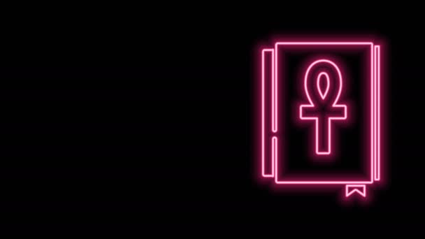 Glödande neon line Cross ankh bok ikon isolerad på svart bakgrund. 4K Video motion grafisk animation — Stockvideo