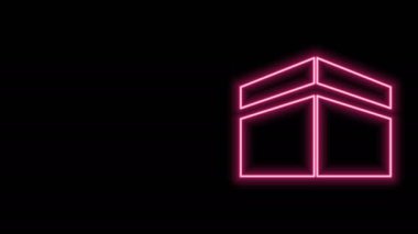 Parlayan neon hattı Kabe camii simgesi siyah arkaplanda izole edildi. Kabe 'deki hac ibadeti Ramazan-ı İslam camii. 4K Video hareketli grafik canlandırması