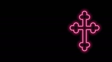 Parlayan neon hattı Hıristiyan çapraz simgesi siyah arka planda izole edildi. Kilise haçı. 4K Video hareketli grafik canlandırması