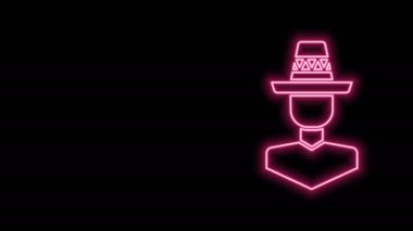 Siyah arka planda izole edilmiş sombrero ikonu giyen parlak neon çizgili Meksikalı adam. Bıyıklı İspanyol adam. 4K Video hareketli grafik canlandırması