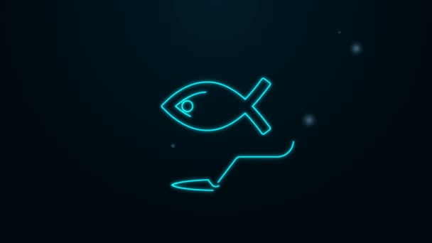 Icono de símbolo de pez cristiano de línea de neón brillante aislado sobre fondo negro. Jesús pez símbolo. Animación gráfica de vídeo 4K — Vídeo de stock