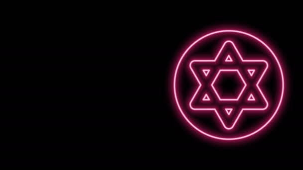 Ragyogó neon vonal Dávid csillaga ikon elszigetelt fekete háttérrel. Zsidó vallási szimbólum. Izrael szimbóluma. 4K Videó mozgás grafikus animáció — Stock videók