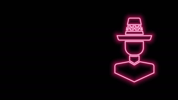 Gloeiende neon lijn Mexicaanse man draagt sombrero pictogram geïsoleerd op zwarte achtergrond. Een Spaanse man met een snor. 4K Video motion grafische animatie — Stockvideo