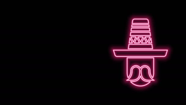 Glowing neon line Mexican man wearing sombrero icon isolated on black background. Hispanic man with a mustache. 4K Video motion graphic animation — Stock Video