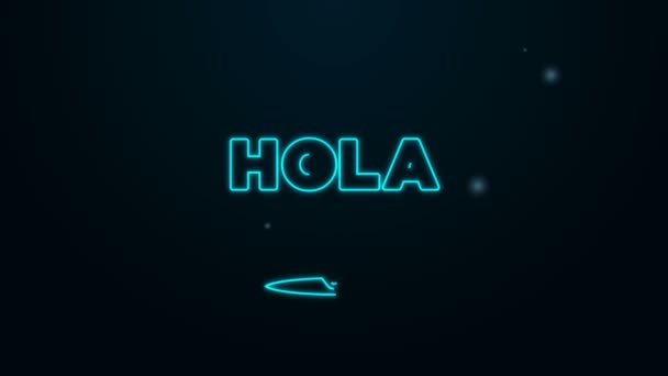 Icona luminosa al neon linea Hola isolata su sfondo nero. Animazione grafica 4K Video motion — Video Stock