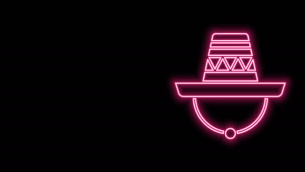 Ragyogó neon vonal Hagyományos mexikói sombrero kalap ikon elszigetelt fekete háttérrel. 4K Videó mozgás grafikus animáció — Stock videók