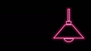 Parlayan neon hattı lambanın asılı ikonu siyah arkaplanda izole edildi. Tavan lambası ampulü. 4K Video hareketli grafik canlandırması