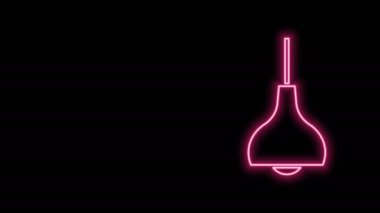 Parlayan neon hattı lambanın asılı ikonu siyah arkaplanda izole edildi. Tavan lambası ampulü. 4K Video hareketli grafik canlandırması