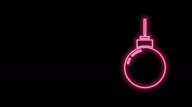 Parlayan neon hattı lambanın asılı ikonu siyah arkaplanda izole edildi. Tavan lambası ampulü. 4K Video hareketli grafik canlandırması