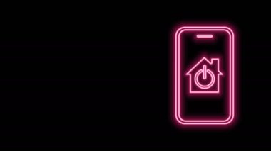 Siyah arka planda akıllı ev simgesi izole edilmiş parlak neon hattı cep telefonu. Uzaktan kumanda. 4K Video hareketli grafik canlandırması