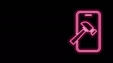 Siyah zemin üzerinde izole edilmiş kırık ekran simgesi olan parlak neon hattı Smartphone. Parçalanmış telefon ekranı simgesi. 4K Video hareketli grafik canlandırması