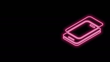 Siyah arkaplanda izole edilmiş akıllı telefon simgesi için parıldayan neon hattı cam ekran koruyucusu. Cam için koruyucu film. Cep telefonu için şeffaf yumuşak cam. 4K Video hareketli grafik canlandırması