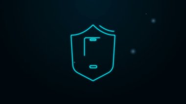 Parlayan neon hattı Smartphone, siyah arkaplanda güvenlik kalkanı simgesi olan cep telefonu. Güvenlik, güvenlik, koruma kavramı. 4K Video hareketli grafik canlandırması