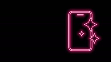 Siyah arkaplanda izole edilmiş akıllı telefon simgesi için parıldayan neon hattı cam ekran koruyucusu. Cam için koruyucu film. Cep telefonu için şeffaf yumuşak cam. 4K Video hareketli grafik canlandırması