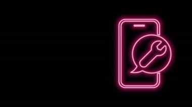 Siyah arka planda İngiliz anahtarı simgesi izole edilmiş parlak neon hattı cep telefonu. Ayarlama, servis, ayar, bakım, onarım. 4K Video hareketli grafik canlandırması