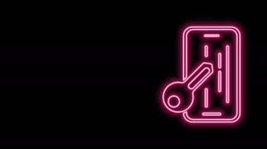 Siyah arkaplanda izole edilmiş akıllı telefon simgesi için parıldayan neon hattı cam ekran koruyucusu. Cam için koruyucu film. Cep telefonu için şeffaf yumuşak cam. 4K Video hareketli grafik canlandırması