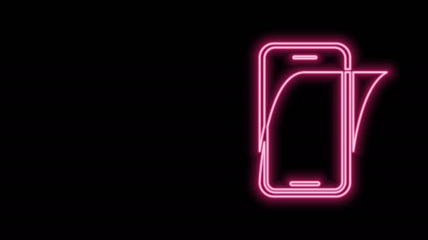 Glowing garis neon kaca layar pelindung untuk ikon smartphone terisolasi di latar belakang hitam. Film pelindung untuk kaca. Kaca lembut transparan untuk ponsel. Animasi grafis gerak Video 4K — Stok Video