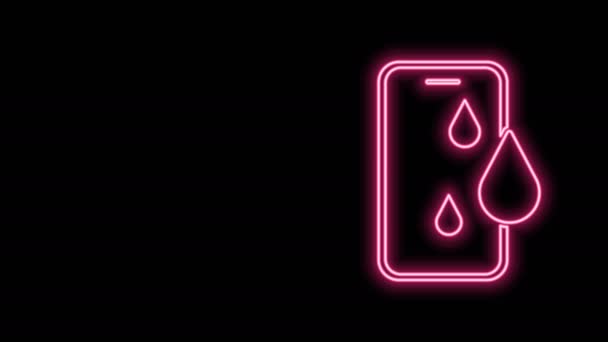 Glowing neon line Waterproof mobile phone icon isolated on black background. Smartphone with drop of water. 4K Video motion graphic animation — Stock Video