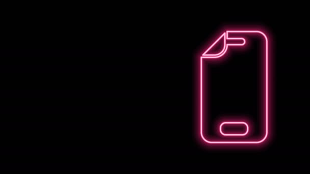 Glødende neon linje Glas skærm protektor til smartphone ikon isoleret på sort baggrund. Beskyttelsesfilm til glas. Transparent blødt glas til mobiltelefon. 4K Video bevægelse grafisk animation – Stock-video
