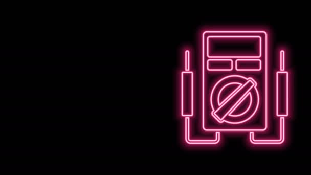 Świecąca neonowa linia Miernik ampera, multimetr, ikona woltomierza odizolowana na czarnym tle. Przyrządy do pomiaru prądu elektrycznego. 4K Animacja graficzna ruchu wideo — Wideo stockowe