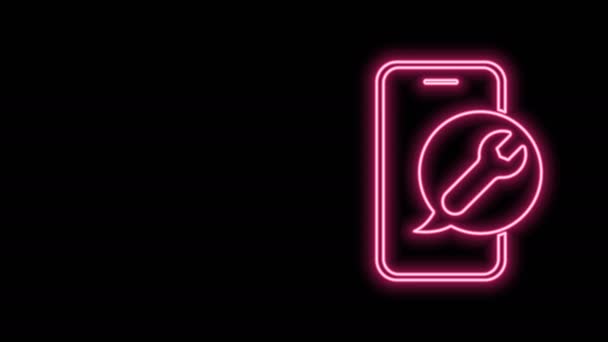 Glowing neon line Mobile phone with wrench icon isolated on black background. Adjusting, service, setting, maintenance, repair. 4K Video motion graphic animation — Stock Video