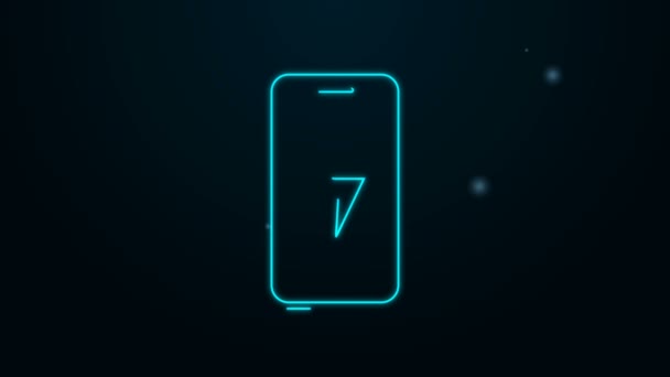 Glowing neon line Smartphone charging battery icon isolated on black background. Phone with a low battery charge. 4K Video motion graphic animation — Stock Video