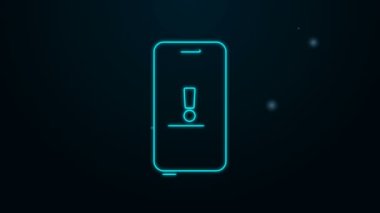 Siyah zemin üzerinde ünlem işareti simgesi olan parlak neon hattı cep telefonu. Uyarı mesajı akıllı telefon uyarısı. 4K Video hareketli grafik canlandırması