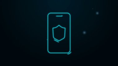 Parlayan neon hattı Smartphone, siyah arkaplanda güvenlik kalkanı simgesi olan cep telefonu. Güvenlik, güvenlik, koruma kavramı. 4K Video hareketli grafik canlandırması