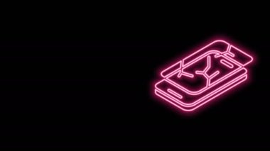 Siyah zemin üzerinde izole edilmiş kırık ekran simgesi olan parlak neon hattı Smartphone. Parçalanmış telefon ekranı simgesi. 4K Video hareketli grafik canlandırması