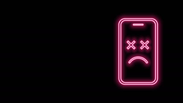 Glowing neon line Dead mobile icon isolated on black background. Deceased digital device emoji symbol. Corpse smartphone showing facial emotion. 4K Video motion graphic animation — Stock Video