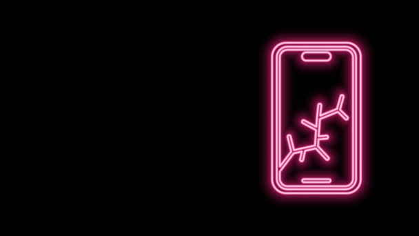 Zářící neonová linka Smartphone s rozbitou ikonu obrazovky izolované na černém pozadí. Ikona rozbitého telefonu. Grafická animace pohybu videa 4K