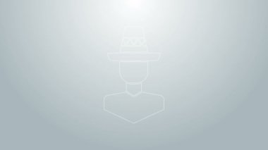 Mavi çizgili Meksikalı adam gri arka planda izole edilmiş sombrero ikonu giyiyor. Bıyıklı İspanyol adam. 4K Video hareketli grafik canlandırması